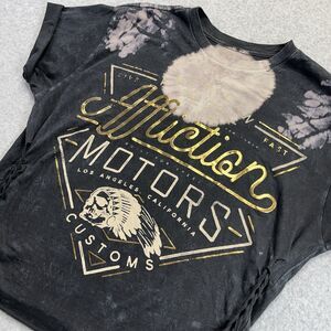 Affliction Motors Womens L Large American Customs Black Reverse Tie Dye Skull